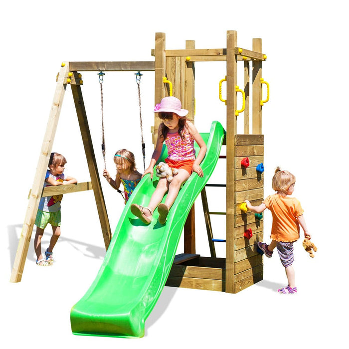 Spielturm Funny 3 mit Rutsche, Schaukel und Kletterwand