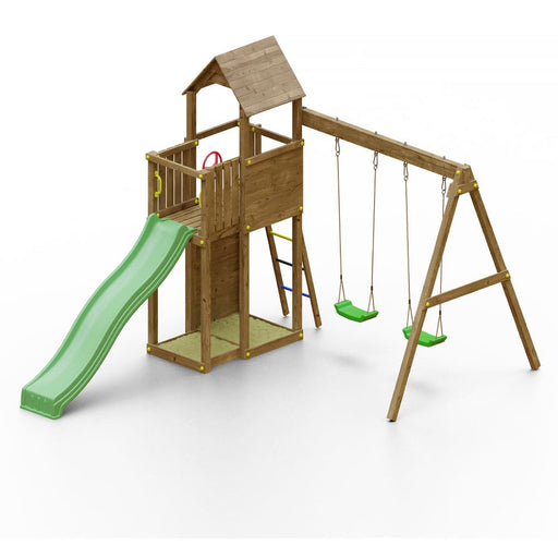 Fungoo BOOMER3 Spielturm mit Rutsche 2 Schaukel Kletterwand 2 Sandkasten Garten