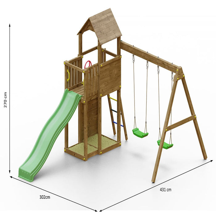 Fungoo BOOMER3 Spielturm mit Rutsche 2 Schaukel Kletterwand 2 Sandkasten Holz