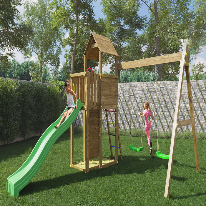 Fungoo BOOMER3 Spielturm mit Rutsche 2 Schaukel Kletterwand 2 Sandkasten Outdoor
