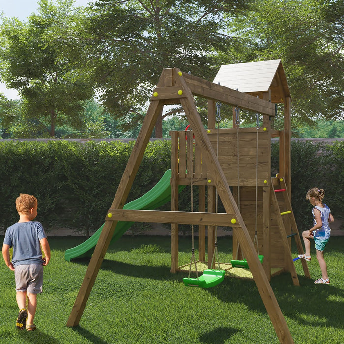Fungoo BOOMER3 Spielturm mit Rutsche 2 Schaukel Kletterwand 2 Sandkasten Spielen