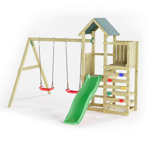 Fungoo CHESTER 3 Spielturm mit Rutsche 2 Schaukel Kletterwand Garten