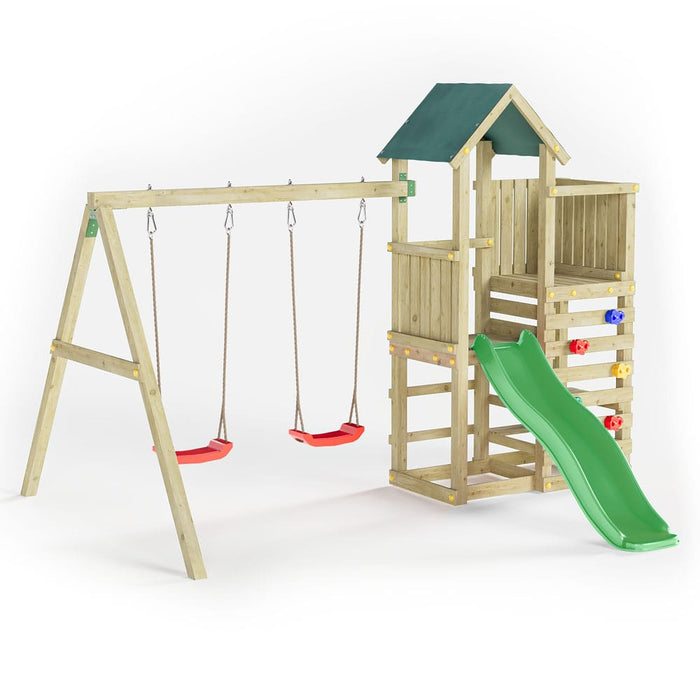 Fungoo CHESTER 3 Spielturm mit Rutsche 2 Schaukel Kletterwand Holz