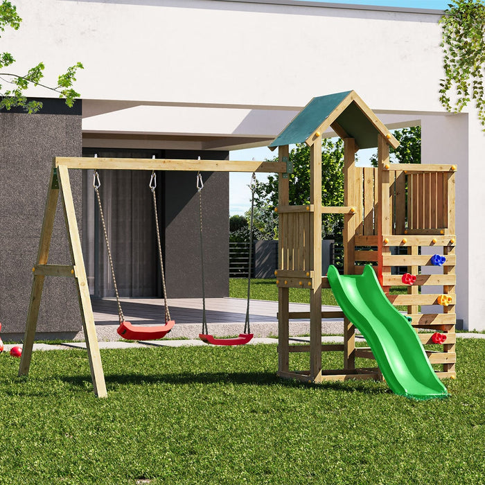Fungoo CHESTER 3 Spielturm mit Rutsche 2 Schaukel Kletterwand Outdoor