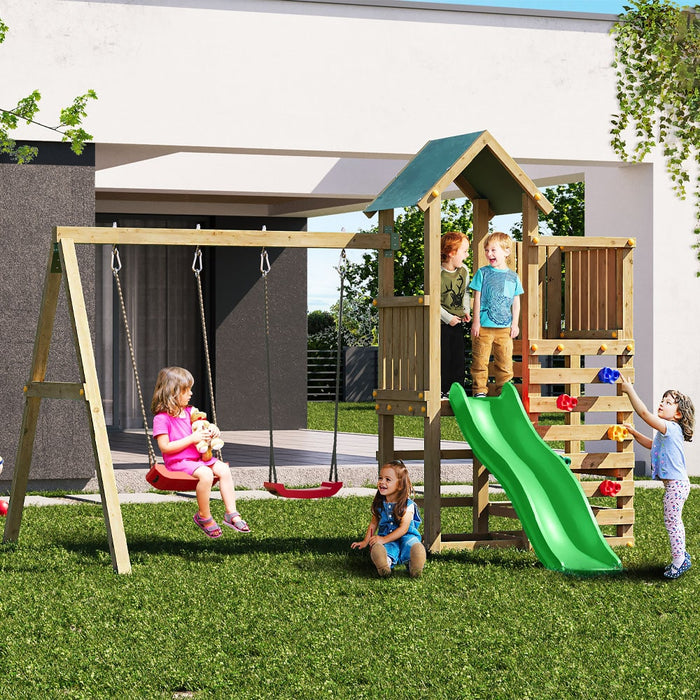Fungoo CHESTER 3 Spielturm mit Rutsche 2 Schaukel Kletterwand Spielen