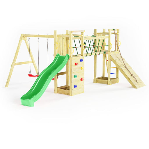 Fungoo Maxi Funny Exposure Spielturm mit Rutsche 2 Schaukel Kletterwand 2 Sandkasten Haengebruecke Outdoor