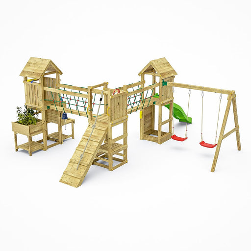 Fungoo OPTIMIZER Spielturm mit Rutsche 2 Schaukel Kletterwand Sandkasten Haengebruecke Garten
