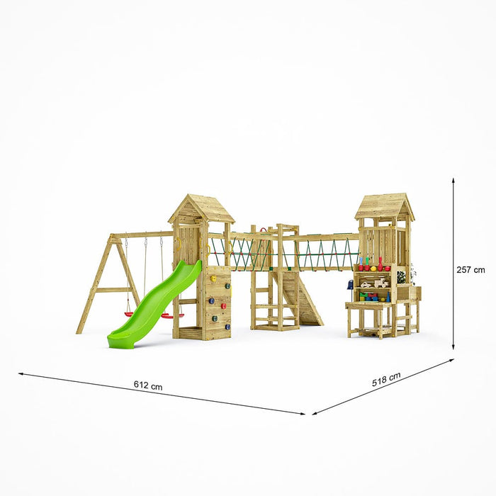 Fungoo OPTIMIZER Spielturm mit Rutsche 2 Schaukel Kletterwand Sandkasten Haengebruecke Kinder