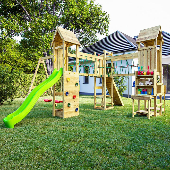 Fungoo OPTIMIZER Spielturm mit Rutsche 2 Schaukel Kletterwand Sandkasten Haengebruecke Klettern