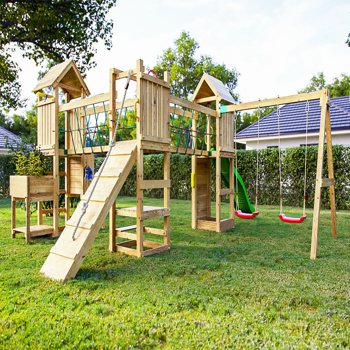 Fungoo OPTIMIZER Spielturm mit Rutsche 2 Schaukel Kletterwand Sandkasten Haengebruecke Outdoor